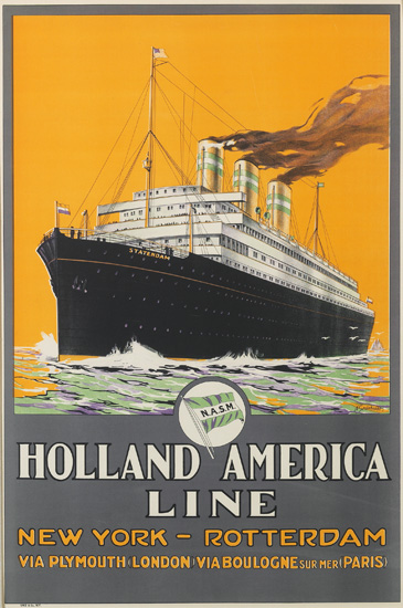 A. GRONHOLDT (DATES UNKNOWN). HOLLAND AMERICA LINE / NEW YORK-ROTTERDAM. Circa 1929. 37x24 inches, 95x62 cm. Unz & Co., New York.